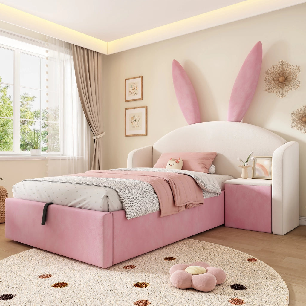 LETTO 90x200 cm in velluto beige e rosa con comodino laterale