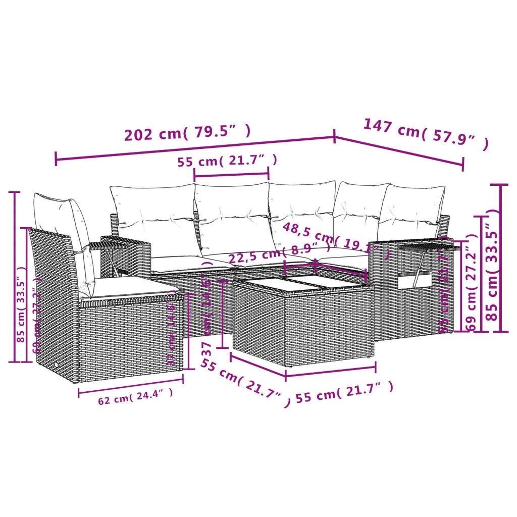 Set Divano da Giardino 6 pz con Cuscini Nero in Polyrattan 3252512