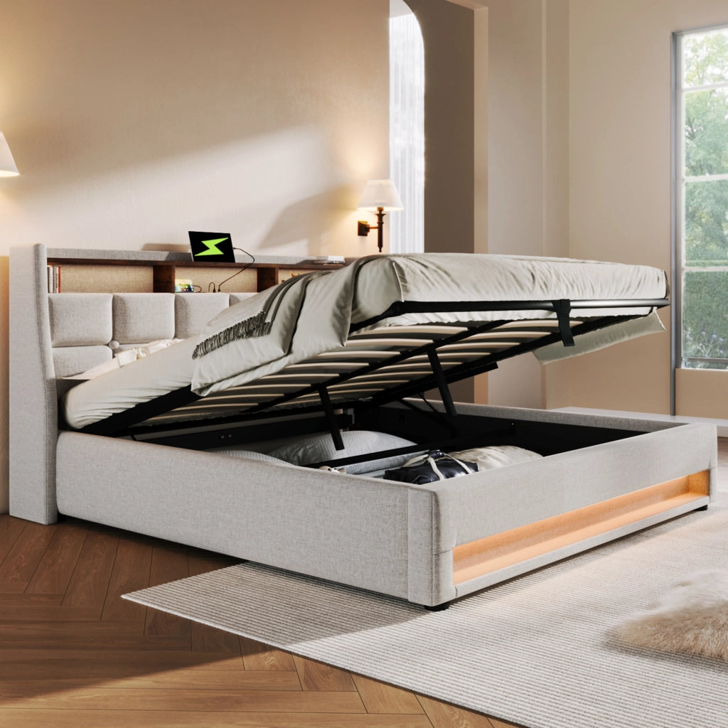 LETTO imbottito LED e USB 160x200 cm Beige con vano contenitore