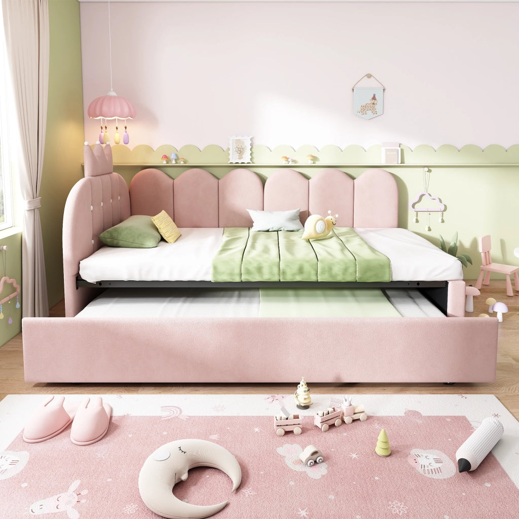 DESMIU Lit simple 90 × 200 cm con letto estraibile, design corona e griglia, senza materasso, in velluto, rosa