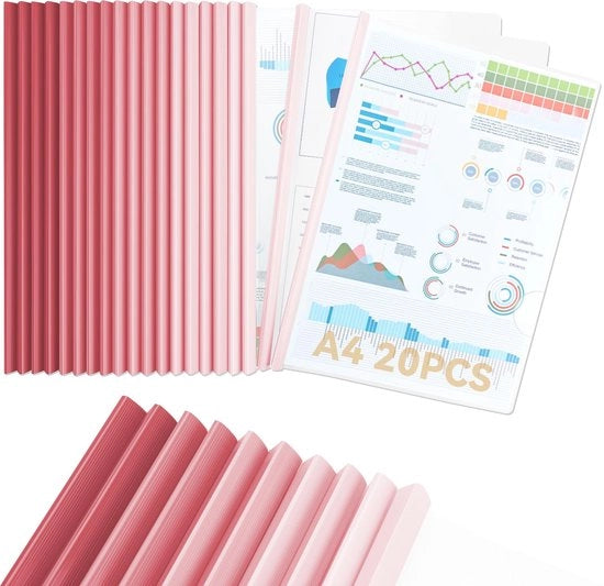 A4 klemrails, 20 pezzi, larghezza 10 mm, capacità di chiusura 90 fogli, A4 klemmap per ufficio, scuola e organizzatore di dossier, rosa