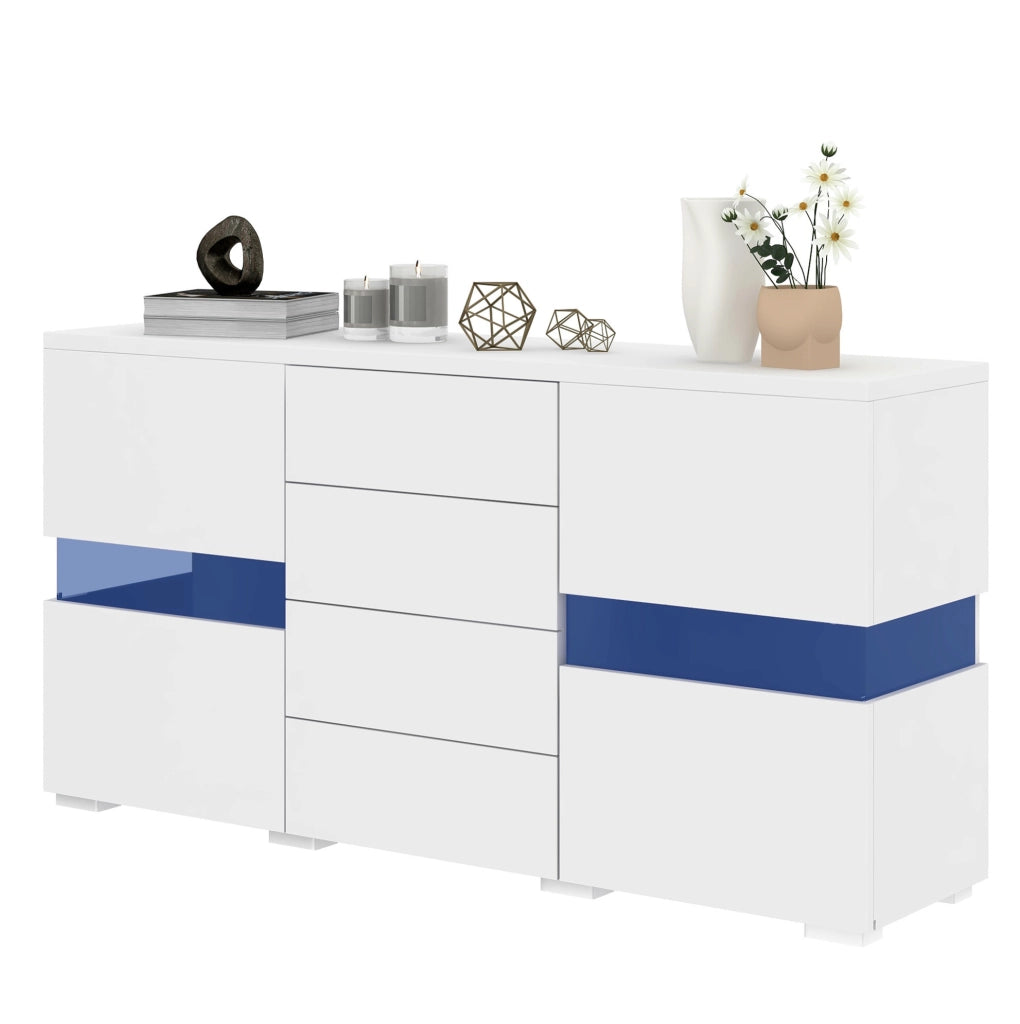 Sideboard bianco 140 cm con LED controllati da app; 2 ante in acrilico e 4 cassetti