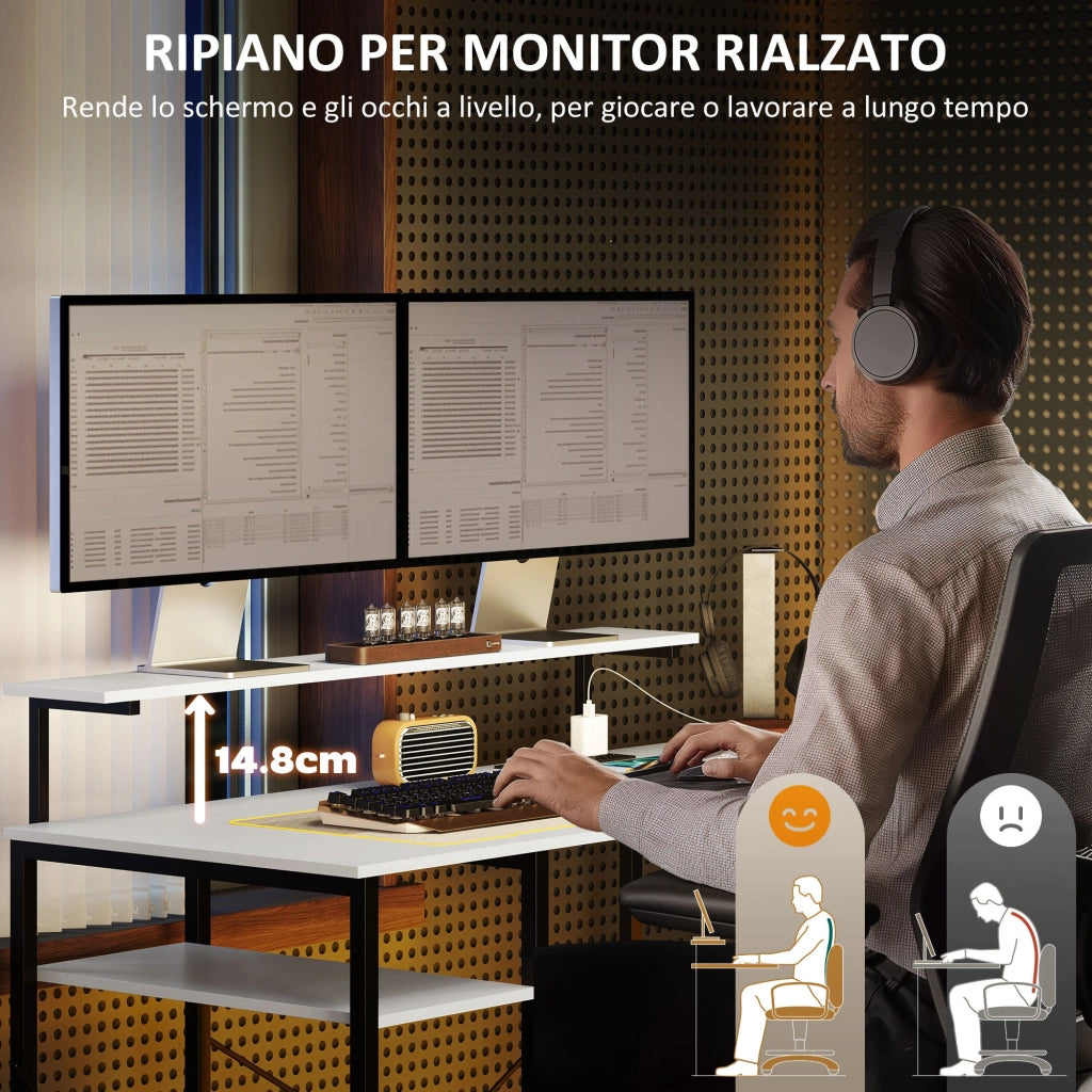 Scrivania Angolare 137x140x139,5 cm Supporto per Monitor Presa Elettrica e USB Bianco e Nero