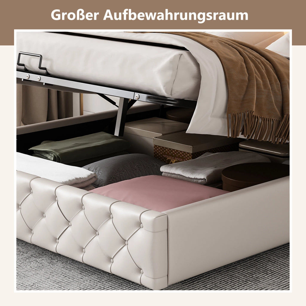 LETTO imbottito 160x200 cm bianco in PU con LED e cassettone