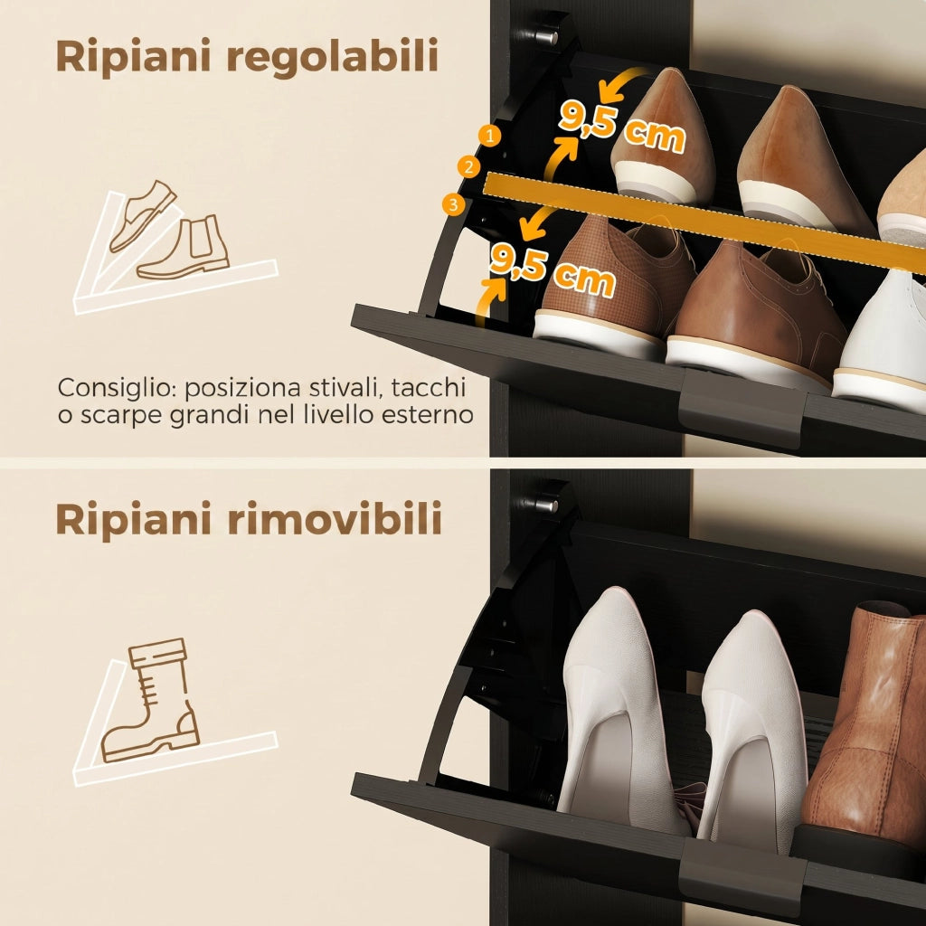 Scarpiera con Specchio e Cassetti ¨C Minimal ¨C Nero 16 Paia