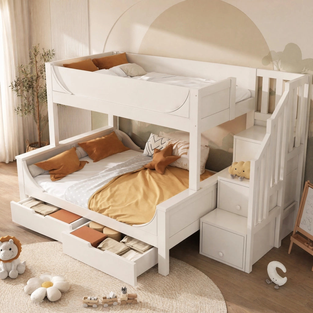Letto a castello per bambini bianco con scala contenitore, cassetti e rete a doghe, 90x200/140x200 cm