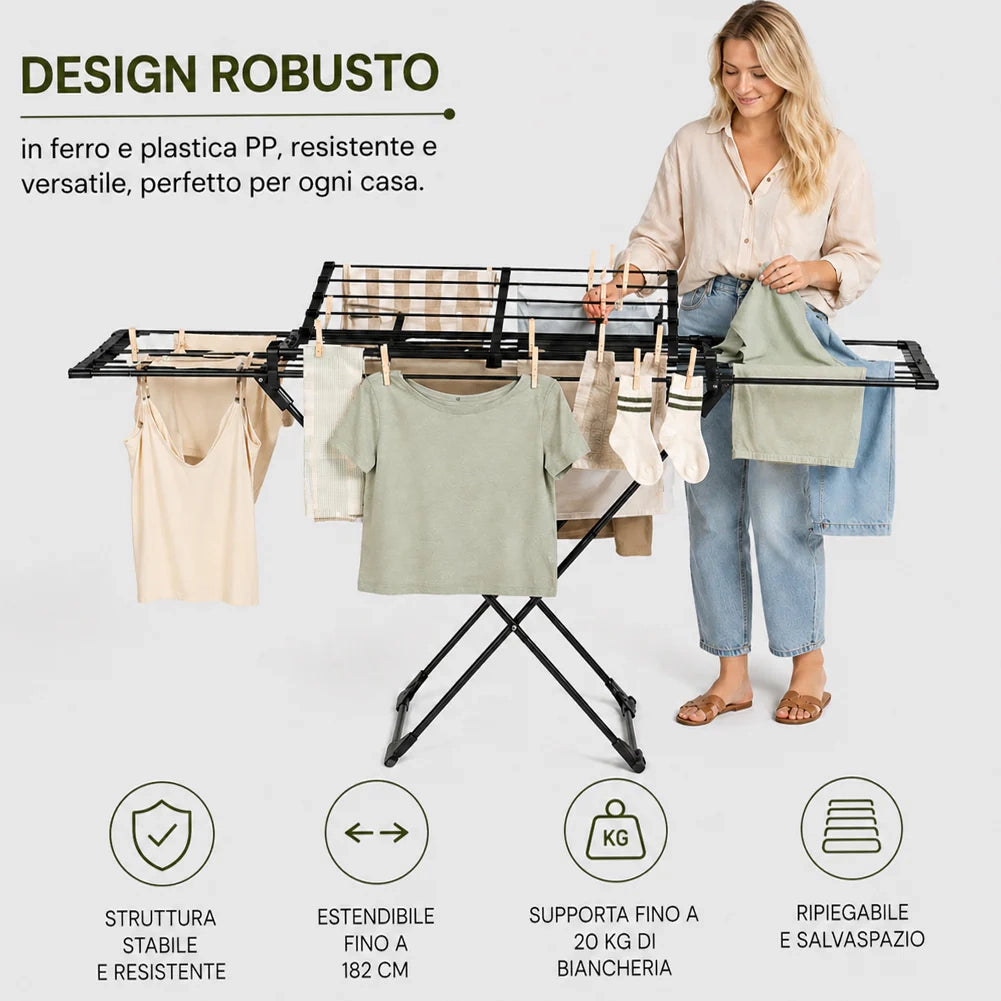 Stendibiancheria Allungabile 108-182 cm Stendino Salvaspazio Capacità 20 kg Estensibile in Ferro e PP Nero