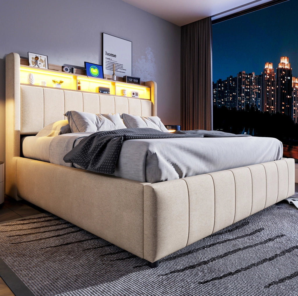 Letto imbottito 160x200 cm con LED, USB/Type-C e vano contenitore