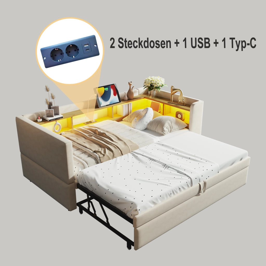 OKWISH Letto Divano Estraibile 90×190 cm e 180×190 cm, Letto Singolo con LED Regolabile, Prese e Scomparti, senza Materasso, Beige