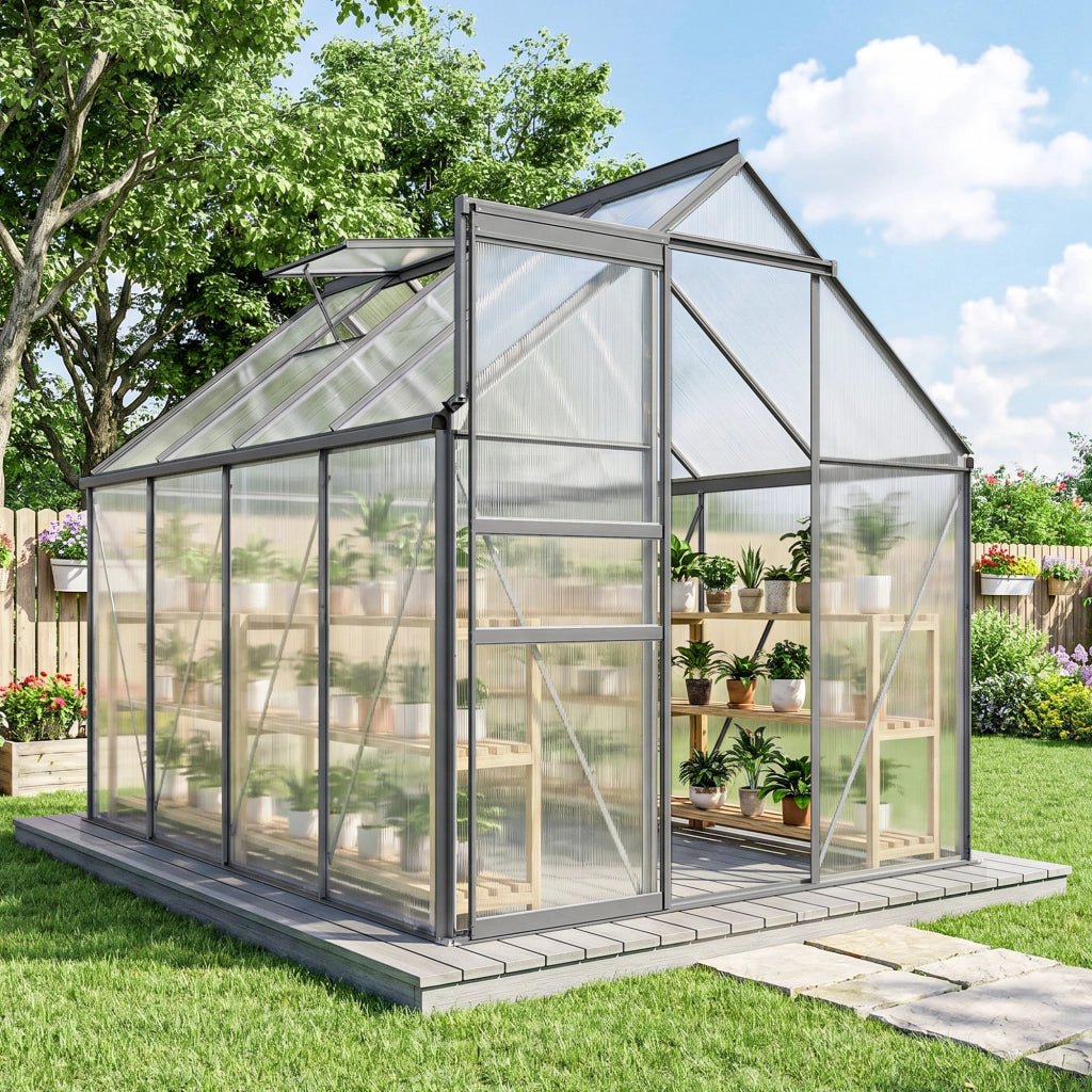 Serra Giardino in Policarbonato e Alluminio con Finestra e Porta Scorrevole ¨C Zephmum ¨C Grigio 190x253x199 cm
