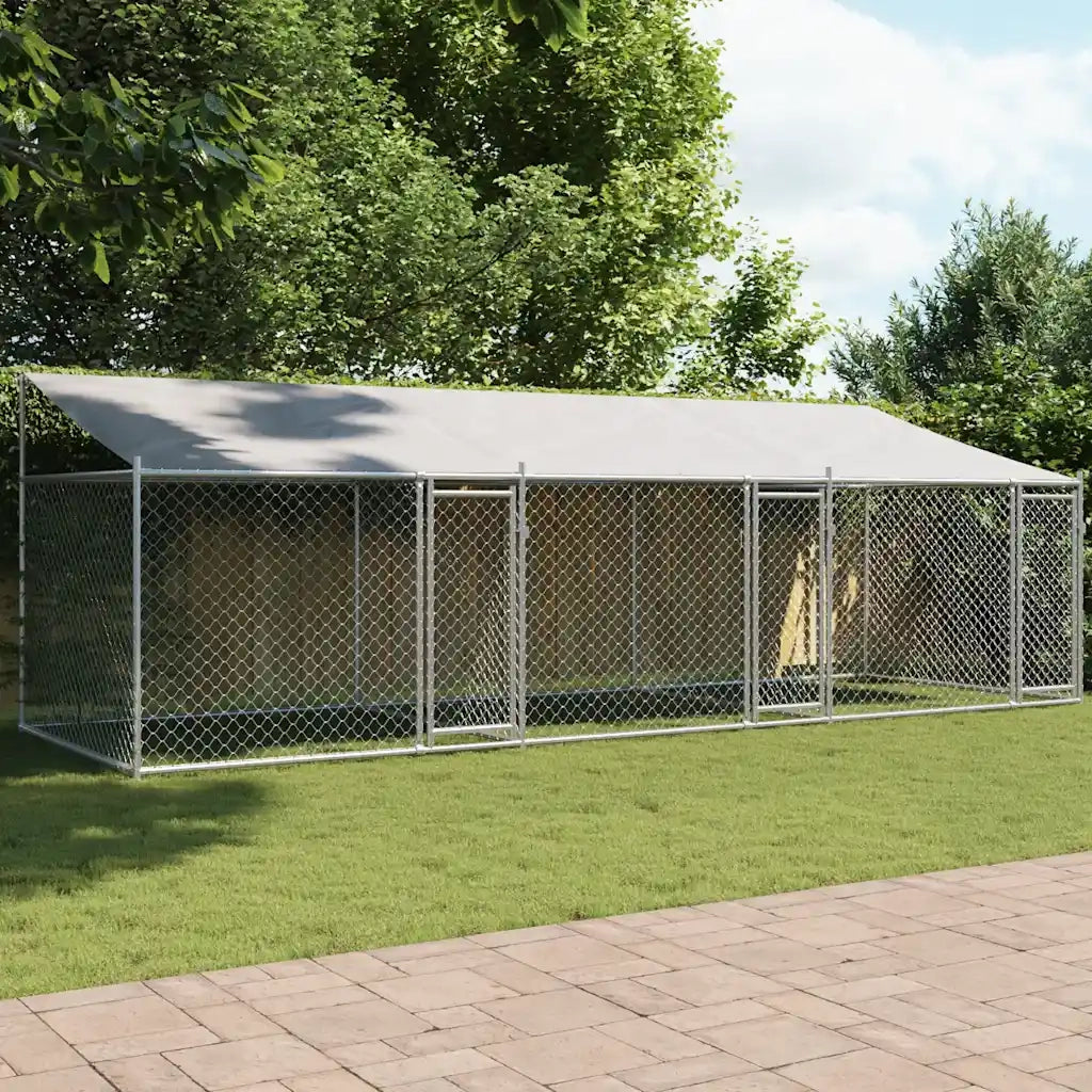 Gabbia Cani con Tetto e Porte Grigia 6x2x2 m in Acciaio Zincato 3209564