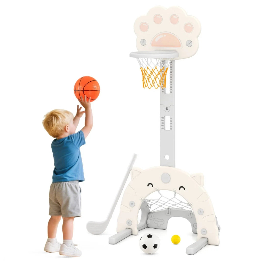 Canestro da basket 3 in 1 per bambini altezza regolabile 64-125 cm con divertenti accessori design moderno colore grigio chiaro 20_0018806