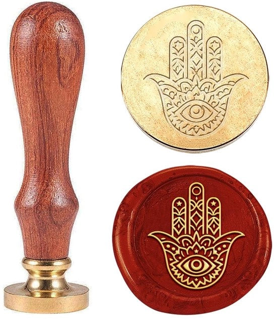 Stampe per buste/inviti 25 mm - Coperchio rimovibile in ottone - Manico in legno - Disegno Hamsa - Per buste/inviti - Stampa per buste/inviti con coperchio in ottone