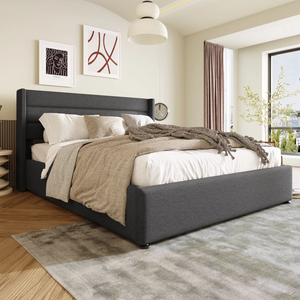 Letto Contenitore 160x200 cm; Letto Matrimoniale con Box Contenitore e Testiera Imbottita; in Lino; Grigio