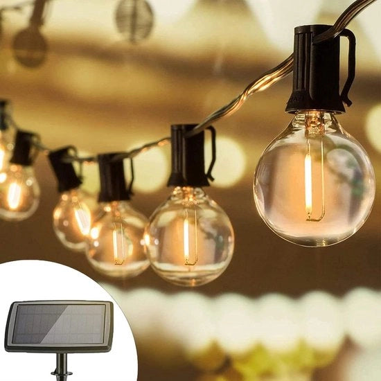 Cavo di illuminazione solare 183 m con 25 + 2 pezzi di lampadine G40 per esterni, 4 modi, resistente all'acqua, luce bianca calda per giardino, patio, terrazza