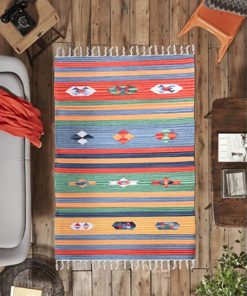 Tappeto KELIM 05 disegni etnici orientali colori vivaci cm.90x150 tessuto e frangia 100% cotone, lavabile in lavatrice