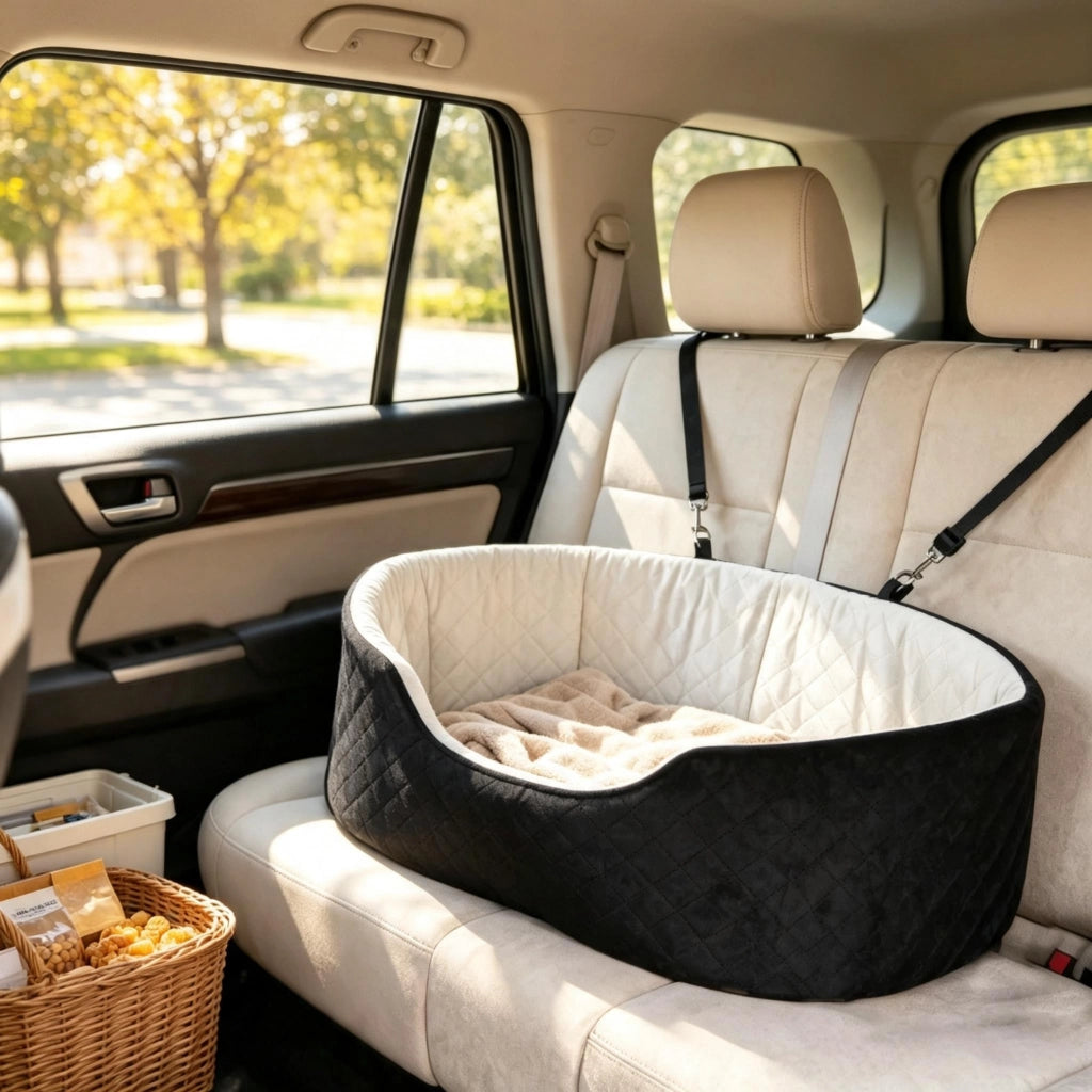 Seggiolino auto per cani con cintura di sicurezza e sistema di fissaggio, seggiolino auto imbottito per animali domestici, adatto ai veicoli.