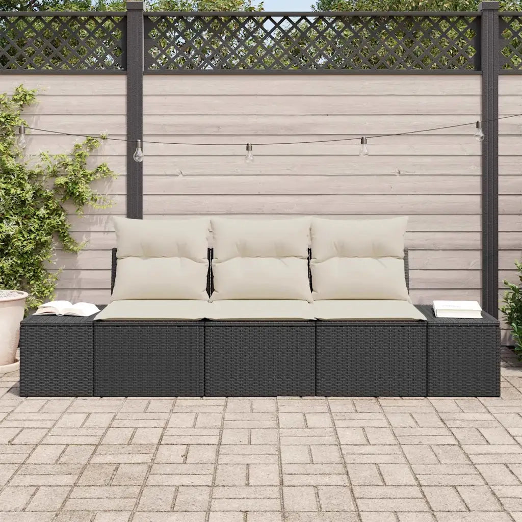 Set Divano da Giardino 3 pcs Nero e Crema polyrattan
