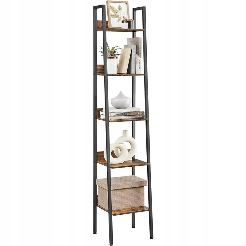 Scaffale nero da 170 cm di altezza, in metallo e materiale ligneo, funzionale e salvaspazio.