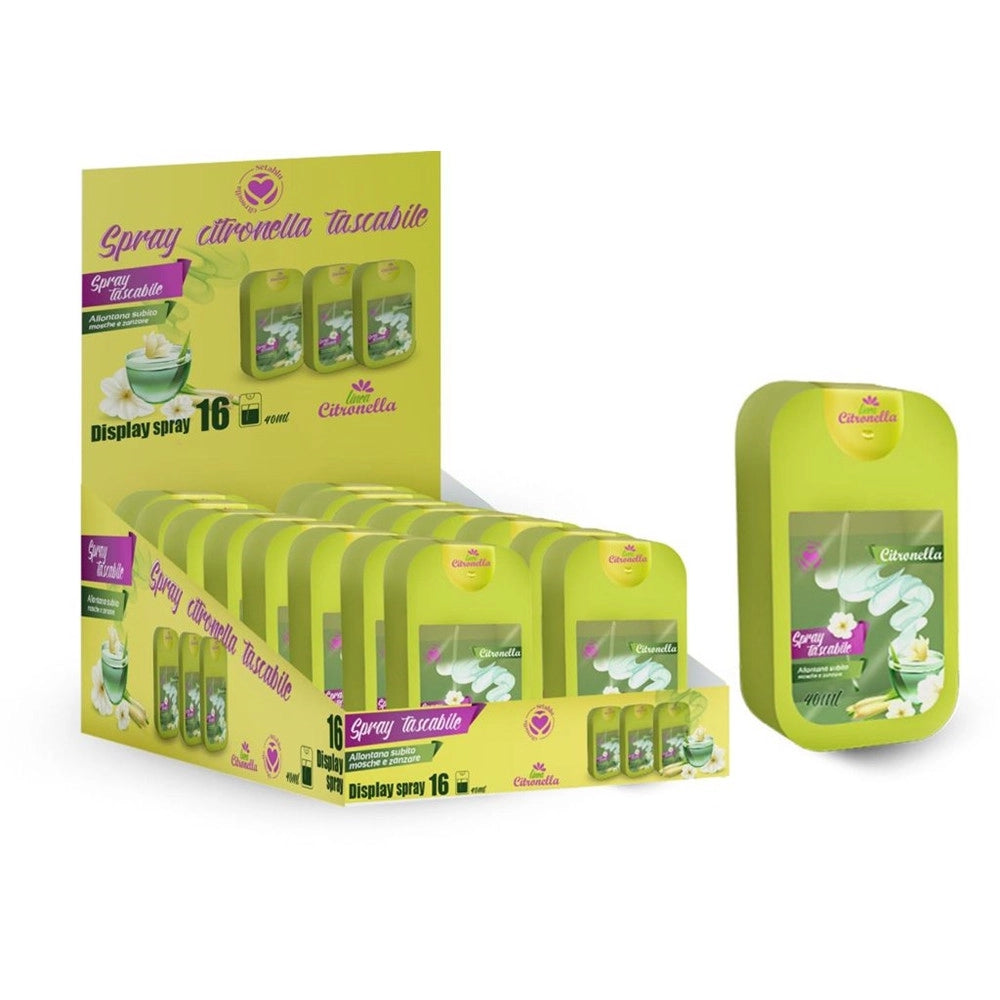 Trade Shop - Set 16pz Spray Tascabile Alla Citronella Da 40ml Repellente Naturale Mosche Zanzare 034217 -