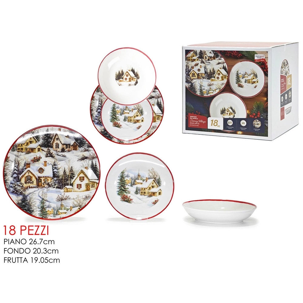 Trade Shop - Servizio Piatti Tavola Natalizio In Porcellana 18pz Decoro Paesaggio Invernale Bordo Rosso -