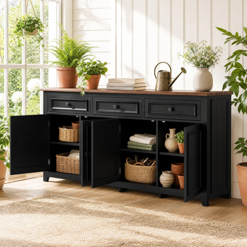 Sideboard moderno 160x35x76 cm in MDF nero con 3 cassetti e 4 ante