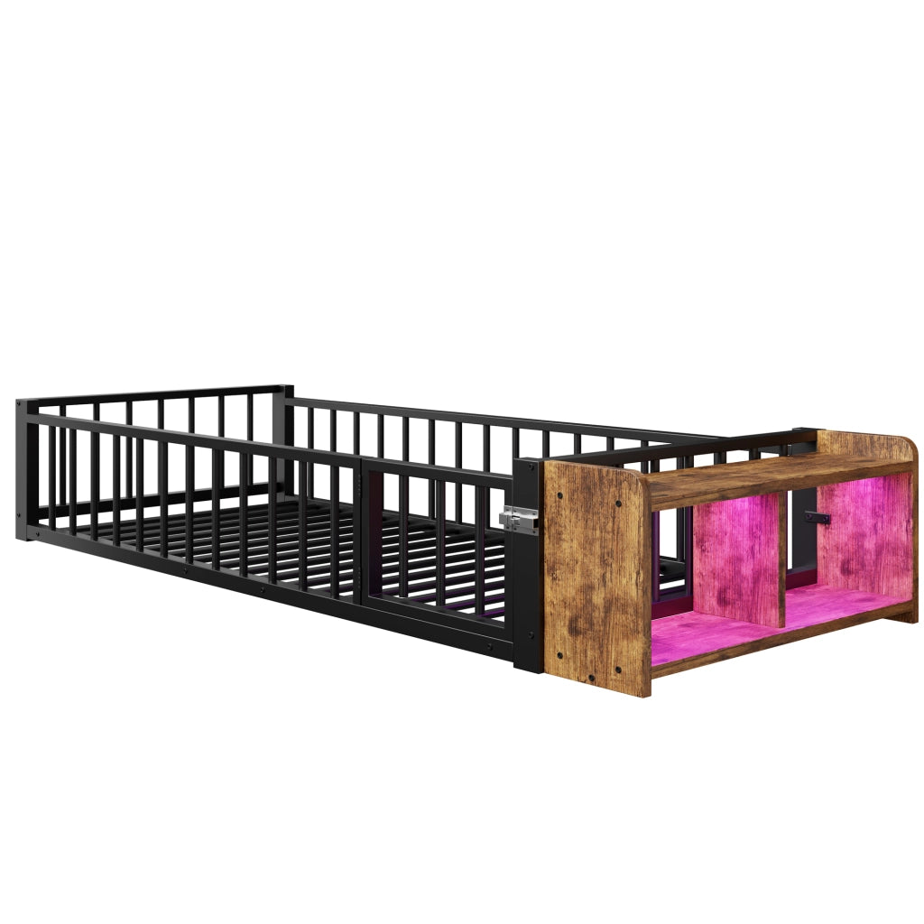Letto singolo bambini 90x200 cm in metallo e MDF con sponda sicurezza, vano portaoggetti e LED, senza materasso