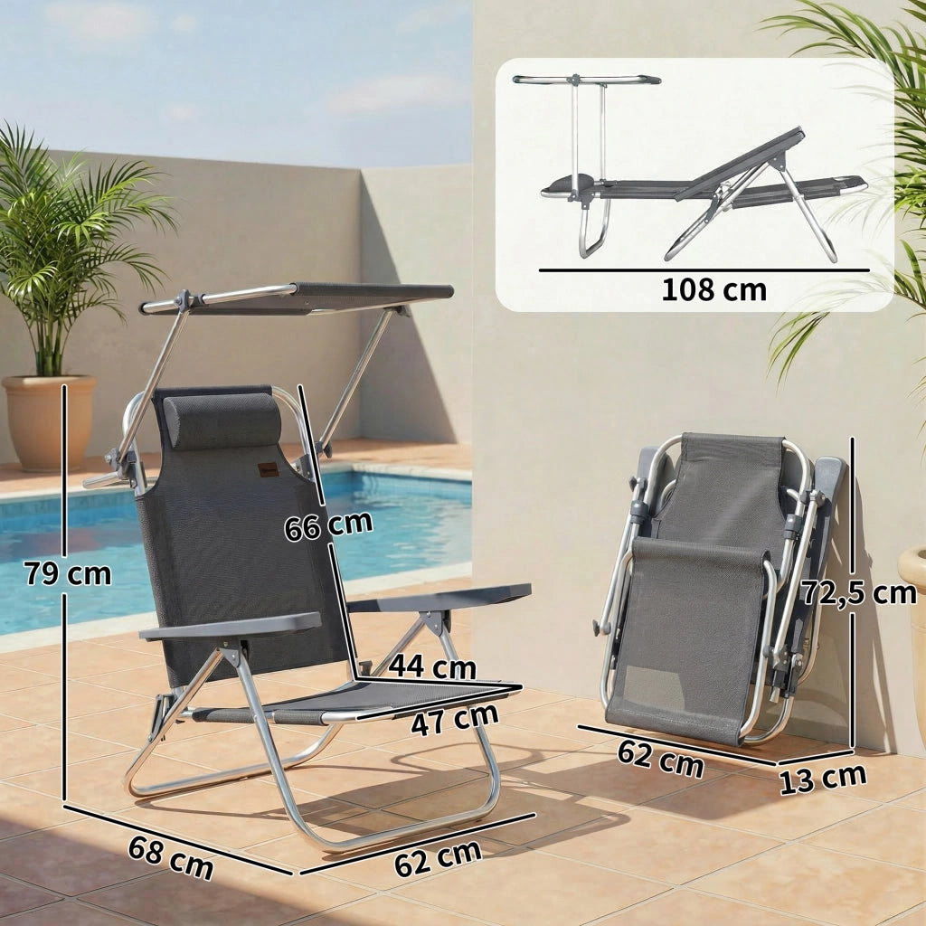 Sdraio pieghevole Sdraio da giardino con tetto regolabile a cuscinetto schienale regolabile in 6 posizioni 62 x 68 x 79 cm Grigio