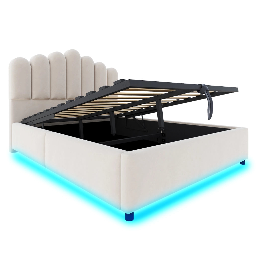 DESMIU Letto contenitore 140 × 200 cm 2 posti con LED e vano idraulico, senza materasso, in velluto, beige