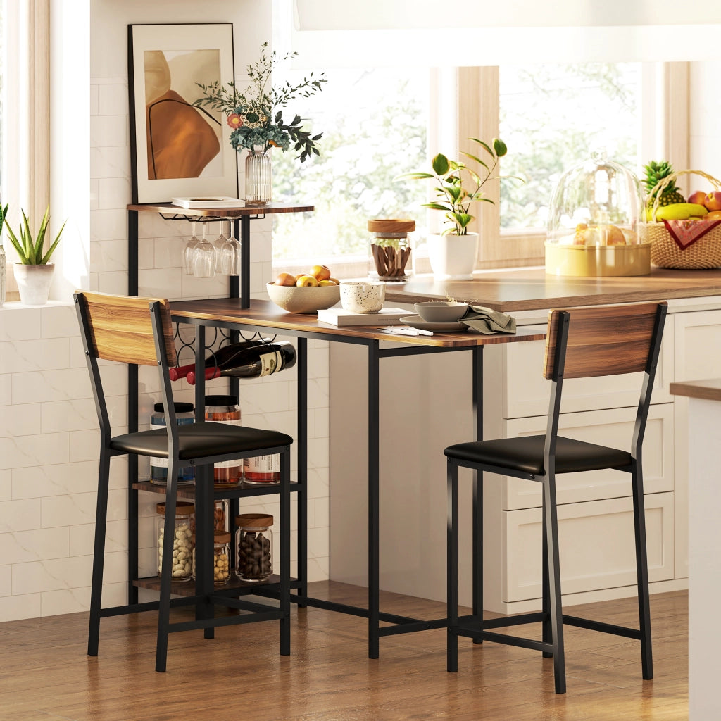 Set Tavolo da Pranzo Pieghevole con Portabottiglie e 2 Sgabelli ¨C Xylo ¨C Metallo Nero Legno Marrone