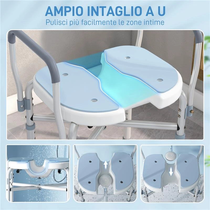 SGABELLO DA DOCCIA CON SEDUTA SCANALATA E BRACCIOLI ALTEZZA REGOLABILE E PIEDINI ANTISCIVOLO AZZURRO