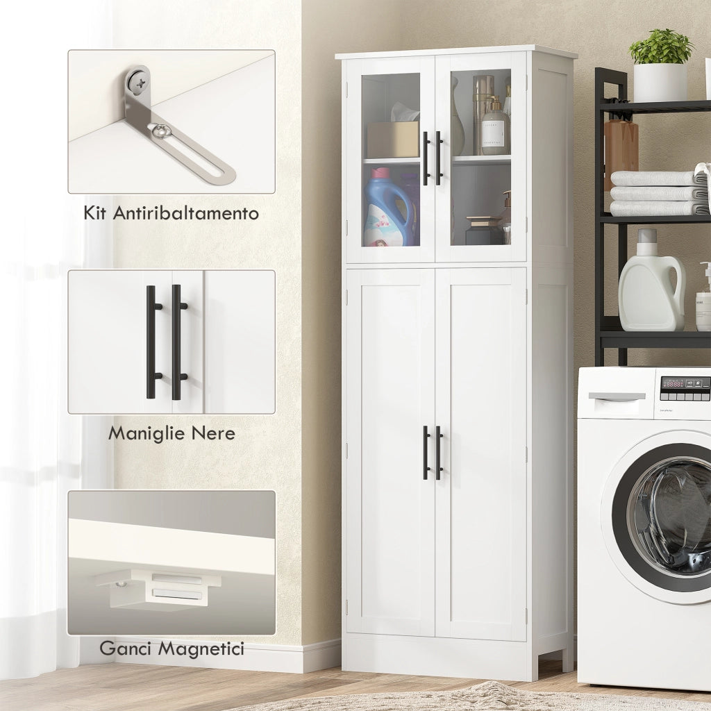 Mobile Bagno Alto 60x30x170 cm Ante Superiori in Vetro in MDF Bianco
