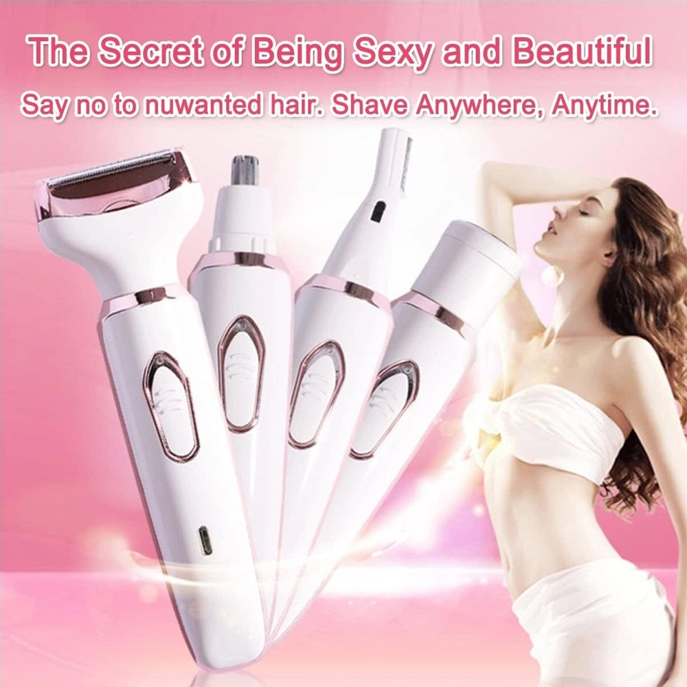 Trade Shop - Set Rasoio Elettrico Da Donna Per Corpo Viso Naso Indolore Ricaricabile Portatile 4in1 -