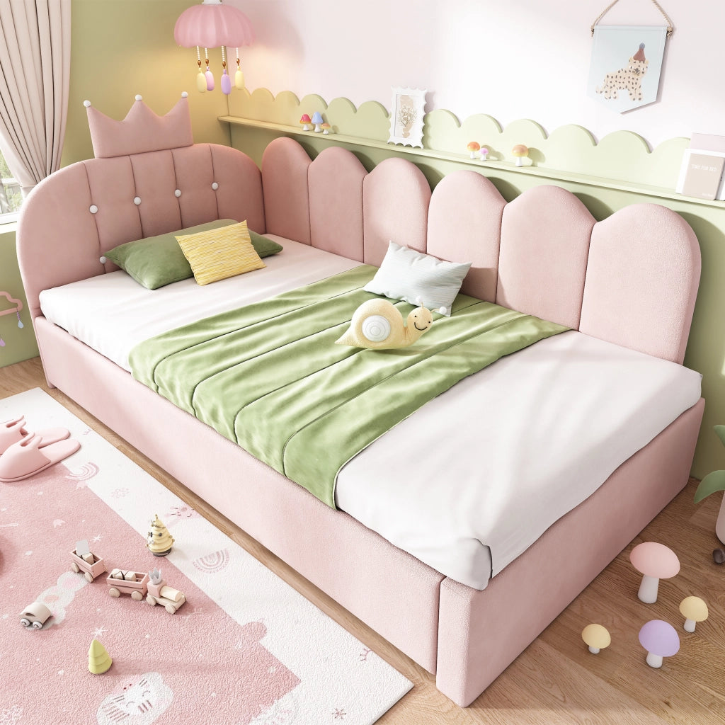 DESMIU Lit simple 90 × 200 cm con letto estraibile, design corona e griglia, senza materasso, in velluto, rosa