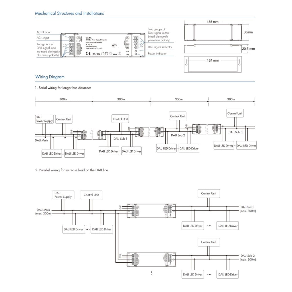 Alimentatore Bus DALI con Ripetitore DA-PL Amplificatore Segnale DALI 200mA Estensione Linea fino 600m/1200m