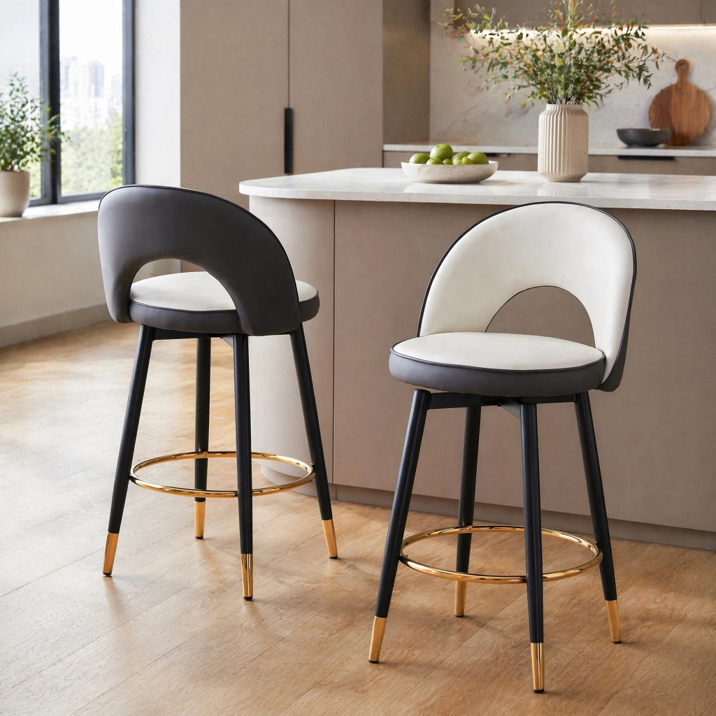 Sgabello bar girevole a 360° con schienale traforato, seduta bicolore grigio scuro e bianco, struttura in metallo e rivestimento in PU