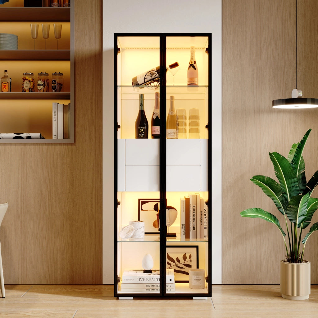 Vetrina 60x40x160 cm con LED e 2 cassetti in MDF e vetro