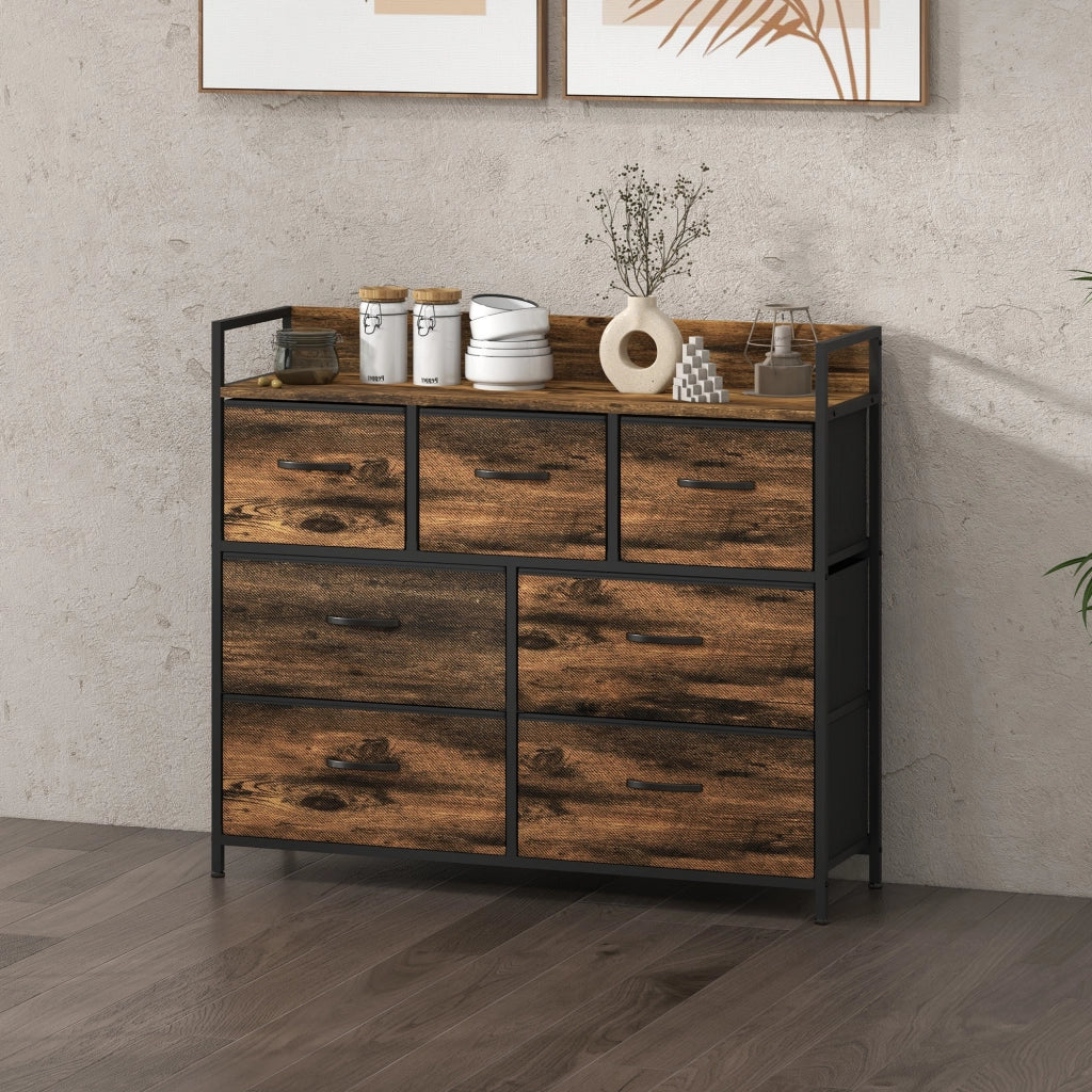 Cassettiera con 7 cassetti in tessuto, design industriale ¨C zephmum ¨C marrone/nero, 98x29x85cm