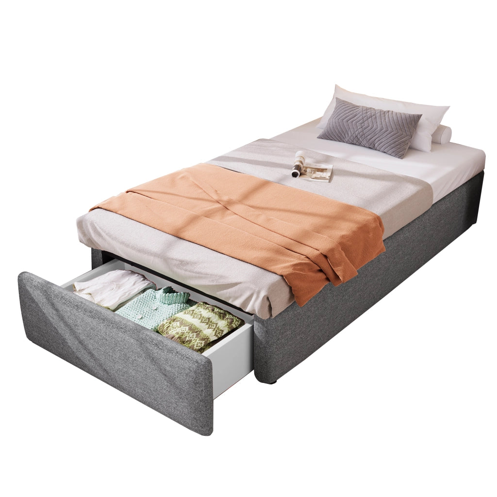 Letto adulto 90×200 cm; con contenitore idraulico e 1 cassetto; senza materasso; in tessuto grigio