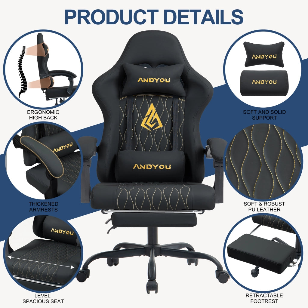 Sedia da gaming con poggiapiedi ¨C Minimal ¨C Pelle PU nera