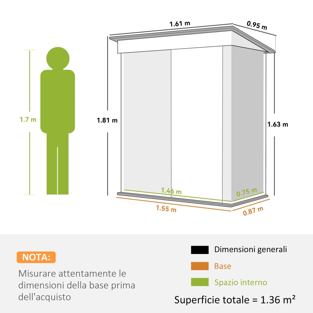 Casetta da Giardino Porta Attrezzi in Acciaio con Porta Bloccabile, 161x95x163/181cm, Verde