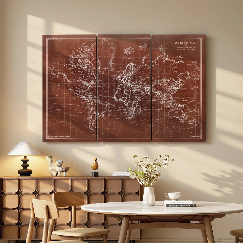 Quadro Triptico Mappamondo Vintage ¨C Zephmum ¨C 120x60 cm Marrone Legno