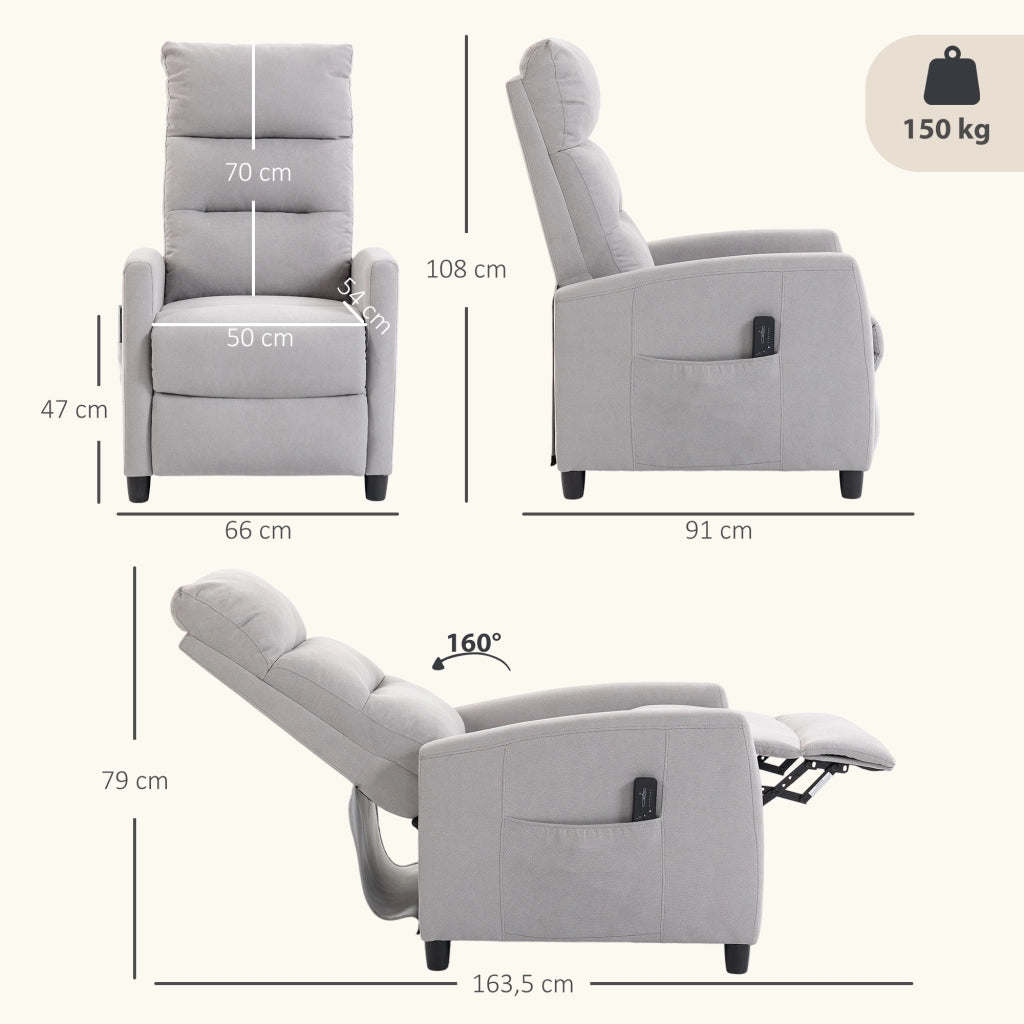 Poltrona Massaggiante e Reclinabile a 160° con Poggiapiedi e Telecomando, 66x91x108 cm, in Ciniglia Grigio Chiaro