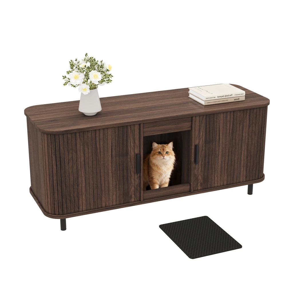 Mobile Lettiera per 2 Gatti 140×50×60 cm con 2 Porte Scorrevoli; Tappetino Raccogli Sabbia e Piedini in Metallo