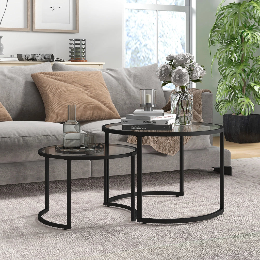 Tavolino da caff¨¨ sovrapponibile in vetro e acciaio ¨C Minimal ¨C Nero, ?70x47.5 cm e ?54x42.5 cm