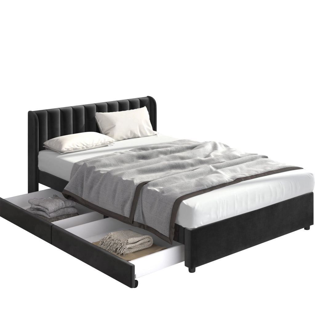 Letto imbottito in velluto nero 160x200 cm con rete a doghe, 2 cassetti e testiera alta