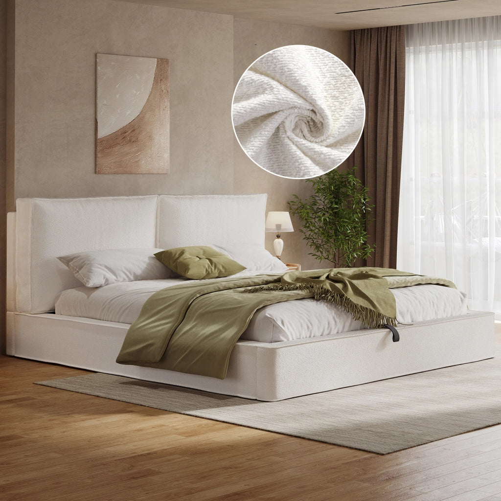 Letto imbottito letto doppio 180 x 200cm letto idraulico funzionale letto con telaio a listelle testiera testiera imbottita beige bouclé