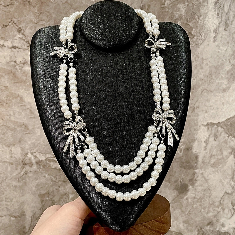 Collana vintage francese a pi¨´ strati con fiocco di perle e strass, catena per clavicola a pi¨´ strati, catena per maglione vintage