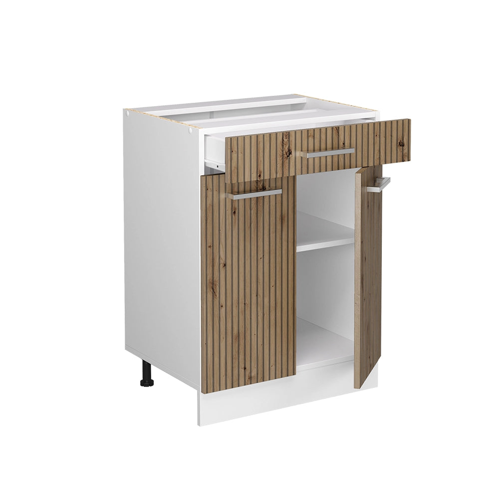 Mobiletto base per cucina R-Line Rovere artigianale/Bianco 60 cm con cassetto, senza piano di lavoro Vicco