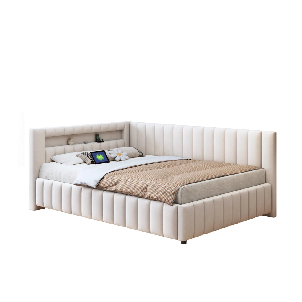 Letto imbottito 140x200 con LED e USB in velluto beige